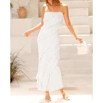 BTFBM Women Summer Dresses Off Shoulder 2024 Elegant Mesh Midi Dresses Trendy Cocktail Dress Tight Prom Dress(Solid White,Small)