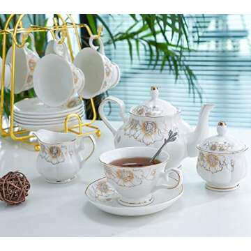 CHENP.HMC Tea Set 22-Piece Porcelain Ceramic Coffee Tea Gift Sets Cups Saucer Service for 6 Teapot S...