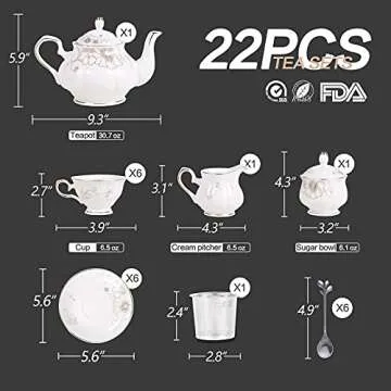 CHENP.HMC Tea Set 22-Piece Porcelain Ceramic Coffee Tea Gift Sets Cups Saucer Service for 6 Teapot Sugar Bowl Creamer Pitcher and Teaspoons (Chrysanthemum)