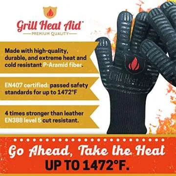 GRILL HEAT AID Premium BBQ Gloves - 1472°f Heat Resistant Gloves, Grill Gloves Heat Proof for Men and Women. Oven Mitts for Baking Pizza and Barbecue Grilling Gloves, Smoker, Camping Fireplace Gloves