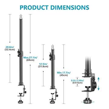 Neewer Tabletop Light Stand Clip Stand with 1/4inch Screw for Ring Light and LED Light, Aluminum Alloy, Adjustable 12.5-20.6 inches/32-52cm for Make Up, Live Streaming, Photo Video Shooting