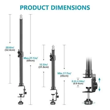 Neewer Tabletop Light Stand Clip Stand with 1/4inch Screw for Ring Light and LED Light, Aluminum Alloy, Adjustable 12.5-20.6 inches/32-52cm for Make Up, Live Streaming, Photo Video Shooting