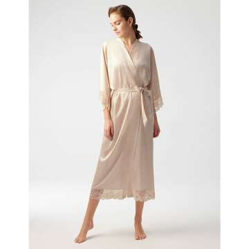 Bridesmaid Satin Kimono Robe with Lace Trim