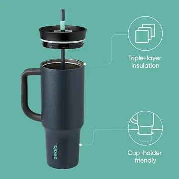 Owala Stainless Steel Triple Layer Insulated Travel Tumbler with Spill Resistant Lid, Straw, and Carry Handle, BPA Free, 40 oz, Gray (Foggy Tide)