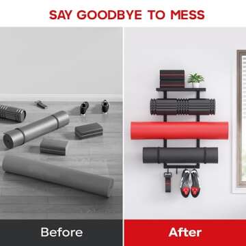 Yoga Mat Holder Wall Mount, Yoga Accessory Mat Storage Rack, Home Gym Accessories Organizer, Floating Shelf and Hooks for Hanging Foam Roller/Band/Workout Equipment at Pilates Fitness Class