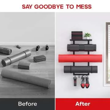Yoga Mat Holder Wall Mount, Yoga Accessory Mat Storage Rack, Home Gym Accessories Organizer, Floating Shelf and Hooks for Hanging Foam Roller/Band/Workout Equipment at Pilates Fitness Class