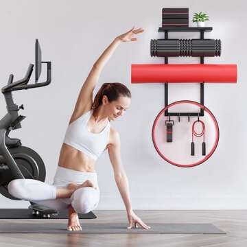 Yoga Mat Holder Wall Mount, Yoga Accessory Mat Storage Rack, Home Gym Accessories Organizer, Floating Shelf and Hooks for Hanging Foam Roller/Band/Workout Equipment at Pilates Fitness Class