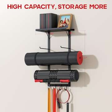 Yoga Mat Holder Wall Mount, Yoga Accessory Mat Storage Rack, Home Gym Accessories Organizer, Floating Shelf and Hooks for Hanging Foam Roller/Band/Workout Equipment at Pilates Fitness Class