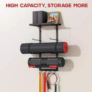 Yoga Mat Holder Wall Mount, Yoga Accessory Mat Storage Rack, Home Gym Accessories Organizer, Floating Shelf and Hooks for Hanging Foam Roller/Band/Workout Equipment at Pilates Fitness Class