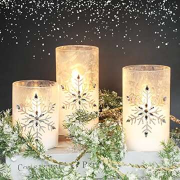 Immeiscent Christmas Flameless Candles, Jeweled Snowflake Iced Glass Candle, LED Flickering Pillar Candle with Timer&Remote for Xmas,Home Decor,Holiday,Set of 3 (D 3” X H 4” 5” 6”)