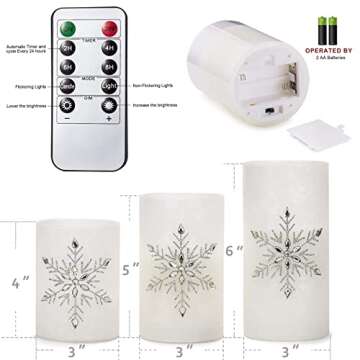 Immeiscent Christmas Flameless Candles, Jeweled Snowflake Iced Glass Candle, LED Flickering Pillar Candle with Timer&Remote for Xmas,Home Decor,Holiday,Set of 3 (D 3” X H 4” 5” 6”)