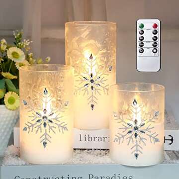 Immeiscent Christmas Flameless Candles, Jeweled Snowflake Iced Glass Candle, LED Flickering Pillar Candle with Timer&Remote for Xmas,Home Decor,Holiday,Set of 3 (D 3” X H 4” 5” 6”)