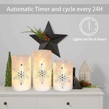Immeiscent Christmas Flameless Candles, Jeweled Snowflake Iced Glass Candle, LED Flickering Pillar Candle with Timer&Remote for Xmas,Home Decor,Holiday,Set of 3 (D 3” X H 4” 5” 6”)