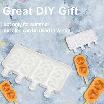 Ice Popsicles Molds Set，1 Diamond & 1 Cakesicle-Shaped Silicone Trays with 4 Slots Each & 40 Wooden Sticks - Soft Food-Grade Materials - Ideal for Homemade Ice Cream, Frozen Yogurt, Chocolates, Cakes