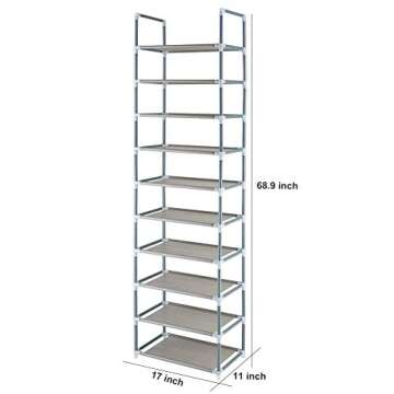 FORUP 10 Tiers Stackable Shoe Rack, Adjustable Shoe Storage Organizer Shelf, Non-Woven Fabric Shoe Tower Shelf (Grey)