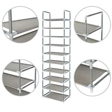 FORUP 10 Tiers Stackable Shoe Rack, Adjustable Shoe Storage Organizer Shelf, Non-Woven Fabric Shoe Tower Shelf (Grey)