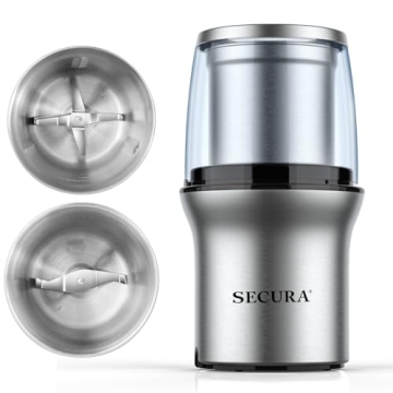 Secura Electric Coffee Spice Grinder Dual Blades Removable Bowls