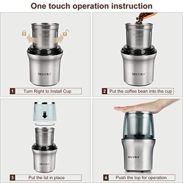 Secura Electric Coffee Spice Grinder Dual Blades Removable Bowls