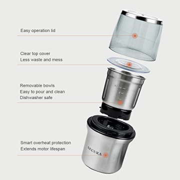 Secura Electric Coffee Spice Grinder Dual Blades Removable Bowls