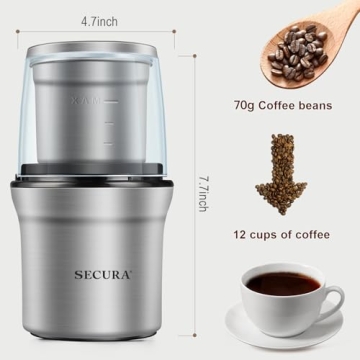 Secura Electric Coffee Spice Grinder Dual Blades Removable Bowls