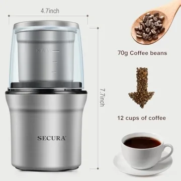 Secura Electric Coffee Spice Grinder Dual Blades Removable Bowls