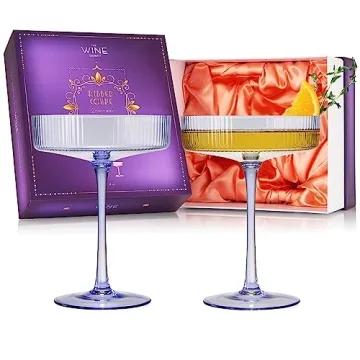 Vintage Art Deco Coupe Glasses, Martini, Champagne & Cocktail Ribbed Glass 7 oz | Set of 2 | Crystal...