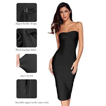 meilun Women's Rayon Strapless Below Knee Retro Bandage Bodycon Party Dress Black Large