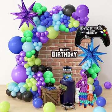 150Pcs Purple Blue Green Black Game Balloon Garland Kit for Video Game Theme Birthday Party Decorati...