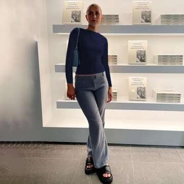 Y2K Backless T-Shirts Crop Tops Women Sexy Casual Long Sleeve Crewneck Slim Fit Cut Out Tees Navy XS