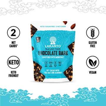 Lakanto Sugar Free Chocolate Bark - Sweetened with Monk Fruit Sweetener, Dark Chocolate with Sea Salt and Almonds, Low Carb, Keto, Gluten Free, Vegan, Great On the Go Snack (5 oz - Pack of 1)
