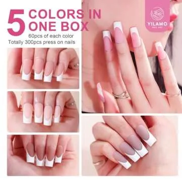 Yilamo Press On Nails - Long French Tip Coffin Square Style Fake Nails - Five Colors,300Pcs Holiday Medium Acrylic Gel Nails,No Need to File Gel Tips Pre-lasting for DIY Nail Art 15 Sizes