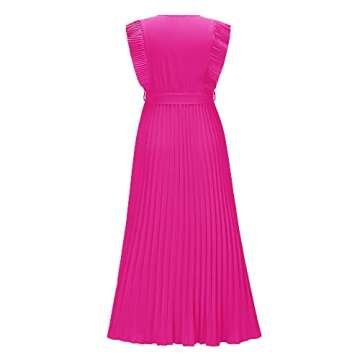 Floralmia Women's Summer Wrap V Neck Ruffle Elegant Belted Pleated Flounce Sleeve Long Maxi Dress - Hot Pink M