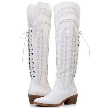 GLOBALWIN Women's White Cowboy Boots Western Fashion Over The Knee Thigh High Cowgirl Boots Low Heel...
