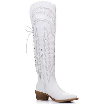 GLOBALWIN Women's White Cowboy Boots Western Fashion Over The Knee Thigh High Cowgirl Boots Low Heel Size 7.5M