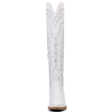 GLOBALWIN Women's White Cowboy Boots Western Fashion Over The Knee Thigh High Cowgirl Boots Low Heel Size 7.5M