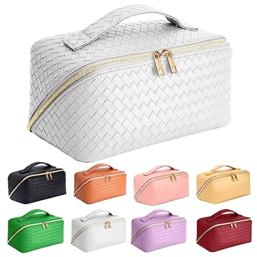 ZAUKNYA Large Capacity Travel Cosmetic Bag - Makeup Organizer with Handle and Dividers (White)