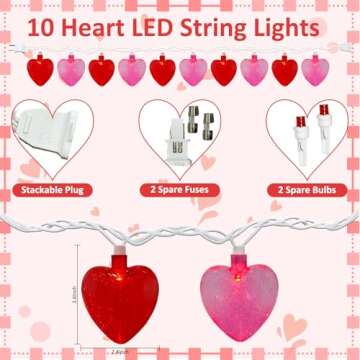 8.5FT Valentine's Day Decor Heart String Lights with 10 Waterproof Pink and Red Lights, Fairy Heart ...