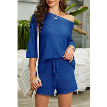 Mafulus Women's 2 Piece Outfits Sweater Sets Off Shoulder Knit Top Shorts Matching Suits Cute Pajama Lounge Set