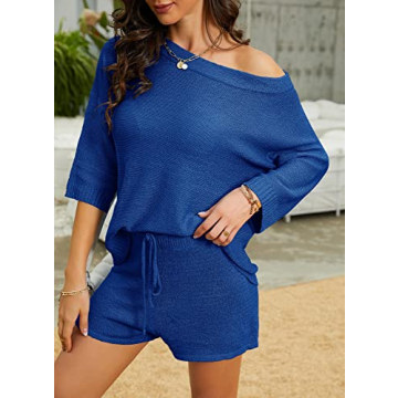 Mafulus Women's 2 Piece Outfits Sweater Sets Off Shoulder Knit Top Shorts Matching Suits Cute Pajama Lounge Set