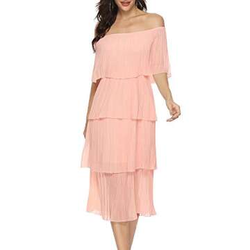ETCYY Women's Off The Shoulder Ruffles Summer Wedding Guest Loose Casual Chiffon Long Party Beach Maxi Dress(L.Pink)