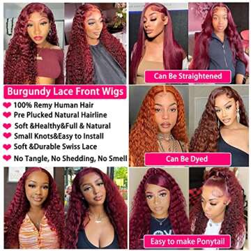 MAXTASK Burgundy Lace Front Wigs Human Hair Pre Plucked 99J Deep Wave Wig 13x4 HD Lace Frontal Wigs for Black Women Human Hair Red Colored Wet and Wavy Curly Wigs 22 Inch