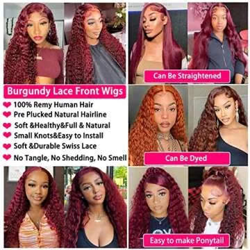 MAXTASK Burgundy Lace Front Wigs Human Hair Pre Plucked 99J Deep Wave Wig 13x4 HD Lace Frontal Wigs for Black Women Human Hair Red Colored Wet and Wavy Curly Wigs 22 Inch