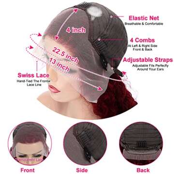 MAXTASK Burgundy Lace Front Wigs Human Hair Pre Plucked 99J Deep Wave Wig 13x4 HD Lace Frontal Wigs for Black Women Human Hair Red Colored Wet and Wavy Curly Wigs 22 Inch