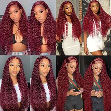 MAXTASK Burgundy Lace Front Wigs Human Hair Pre Plucked 99J Deep Wave Wig 13x4 HD Lace Frontal Wigs for Black Women Human Hair Red Colored Wet and Wavy Curly Wigs 22 Inch
