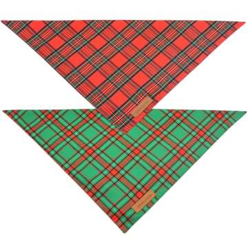 Realeaf Christmas Dog Bandanas 2 Pack, Reversible Red Green Plaid Dog Scarf, Xmas Pet Bandana for Boy and Girl, Premium Durable Fabric, Holiday Check Bandana for Medium and Large Dogs Pets (Large)