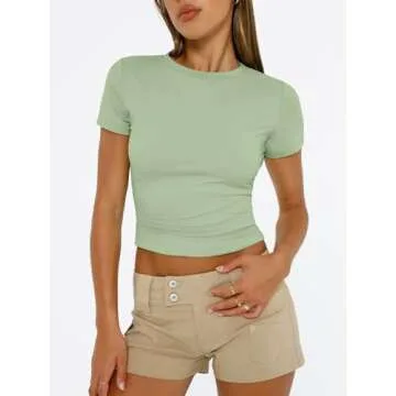Trendy Queen Womens Basic T Shirts Summer Outfits 2025 Scoop Neck Short Sleeve Crop Tops Slim Fit Te...