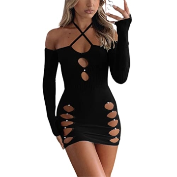 Amiblvowa Hollow Out Dress for Women Sexy Y2k Halter Neck Bodycon Mini Dresses Cut Out Club Party Sh...