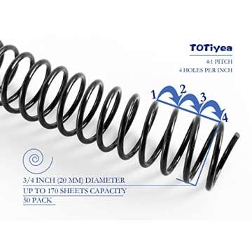 TOTiyea 50 Pack Plastic Spiral Binding Coils,20mm(3/4 ") Binding Spirals,170 Sheet Capacity,4:1 Pitc...