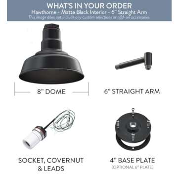 Steel Lighting Co. Hawthorne Barn Light | Outdoor Wall Mounted | 8 inch Dome | 6 inch Straight Arm| Small Farmhouse Light Made in America | Matte Black Exterior/Matte Black Interior