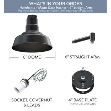 Steel Lighting Co. Hawthorne Barn Light | Outdoor Wall Mounted | 8 inch Dome | 6 inch Straight Arm| Small Farmhouse Light Made in America | Matte Black Exterior/Matte Black Interior